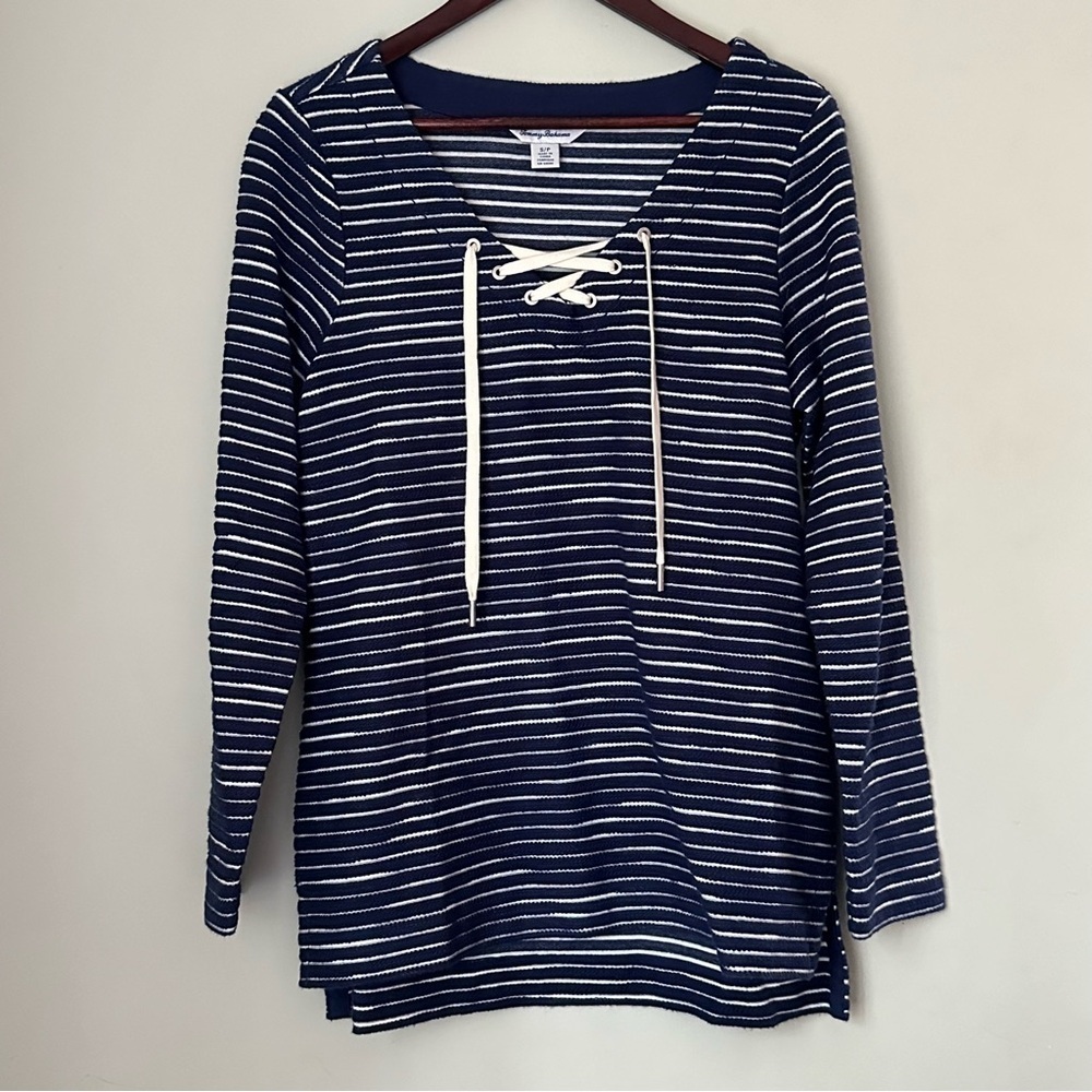Tommy Bahama |  Navy and White Catalina Striped Lace-Up Knit Tunic | Small - Picture 2 of 13